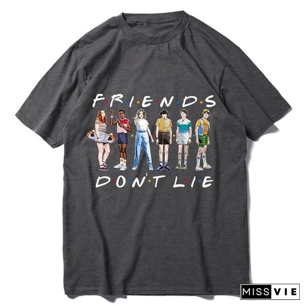 1Pcs Freind Dont Lie Six People Stand Printed T Shirt Stranger Things Letter Print Plus Size T Shirt White Short Sleeve Friends Dont Lie Printing Tees Feme Summe Tops