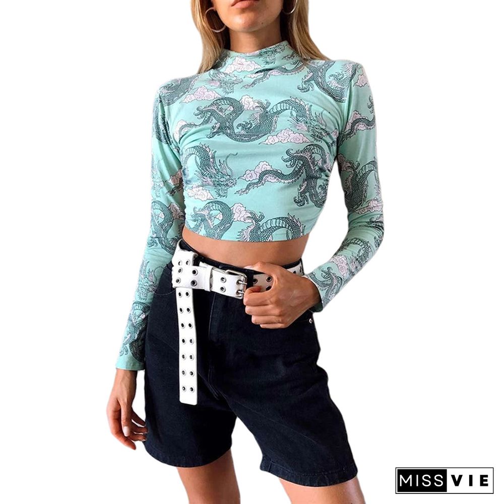 Vintage Crop Top Long Sleeve Tees Shirts Dragon Pattern Skinny Clothes Fashion T-Shirt Summer Autumn Womens Clothing