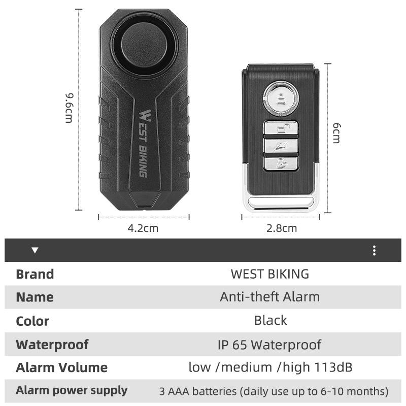 WEST BIKING Anti Theft Alarm Remote Control Cycling Bicycle IP55 Waterproof 3 AAA Batteries 113db Loud Volume Alarm Bike Alarm