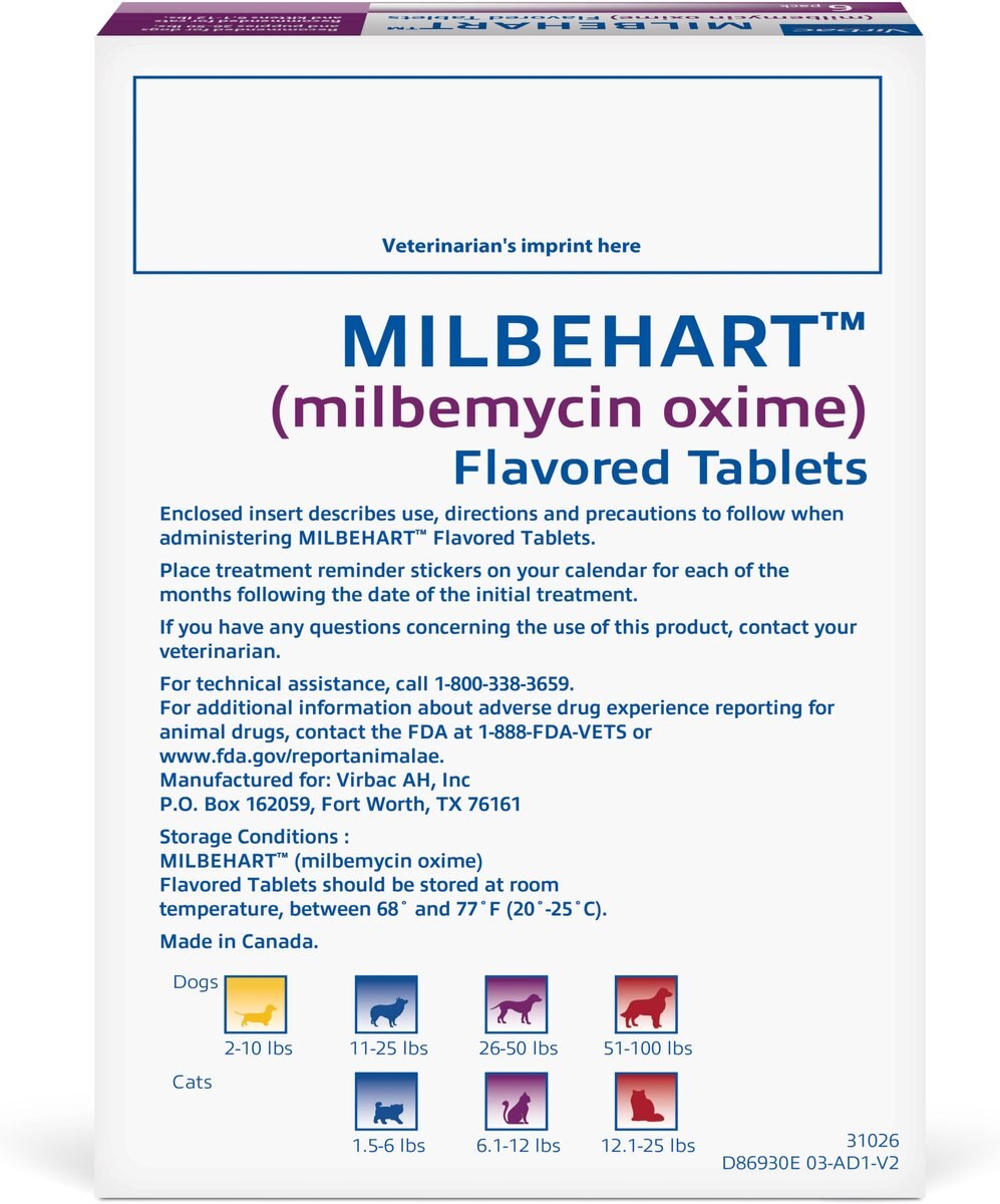 Milbehart Flavored Tablets for Dogs， 26-50 lbs， and Cats， 6.1-12 lbs， (Purple Box)