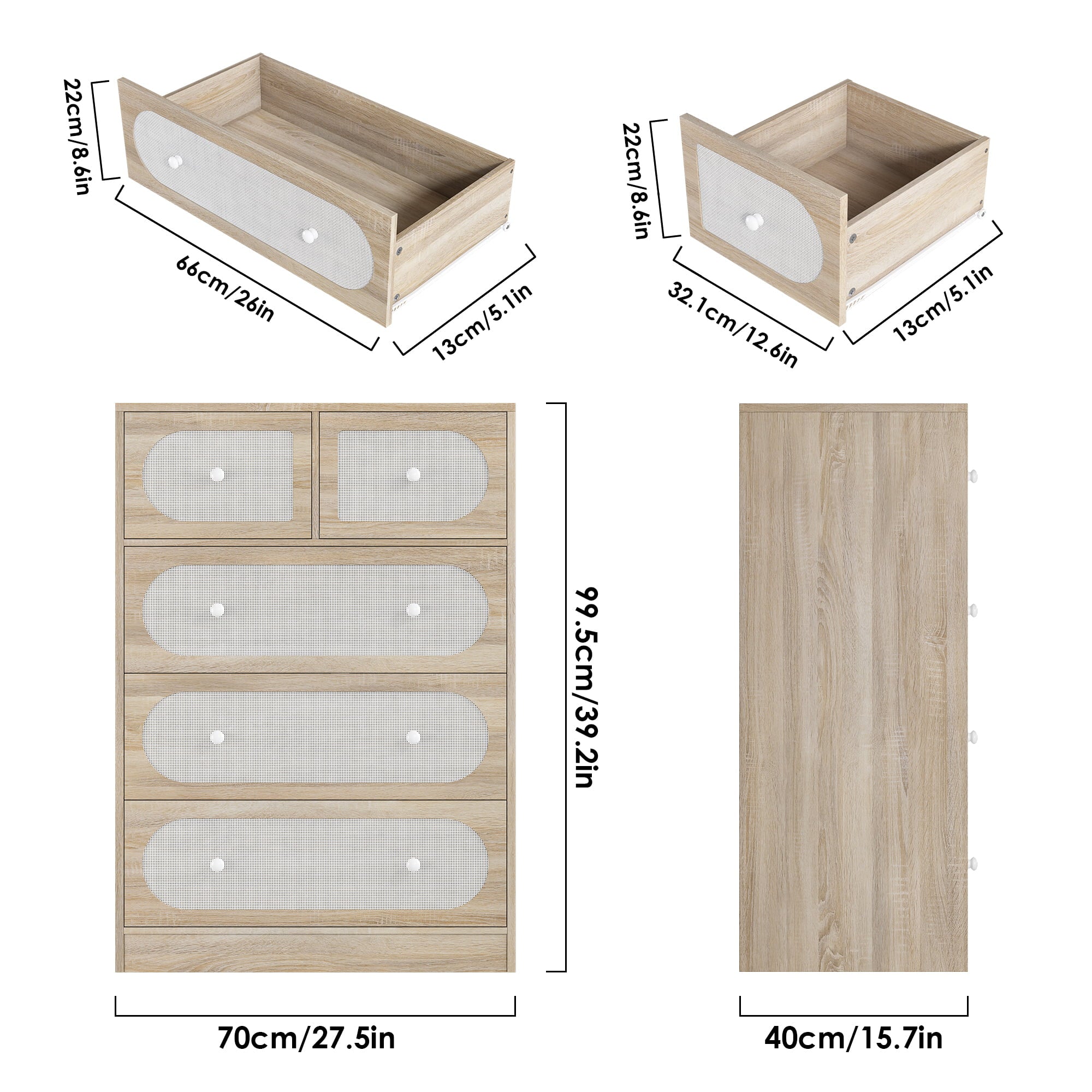 Homfa 5 Drawer Dresser for Bedroom, Rattan Dresser Modern Closet Dressers Chest of Drawers, Wood Storage Chest, Oak