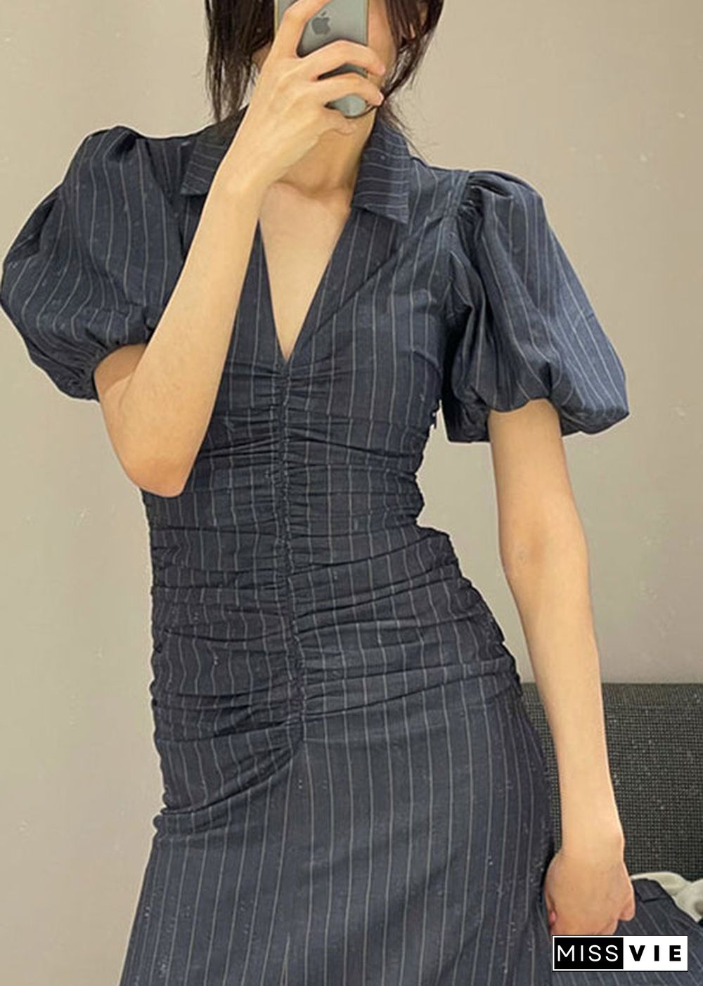 French Black V Neck Striped Slim Chiffon Long Dresses Short Sleeve