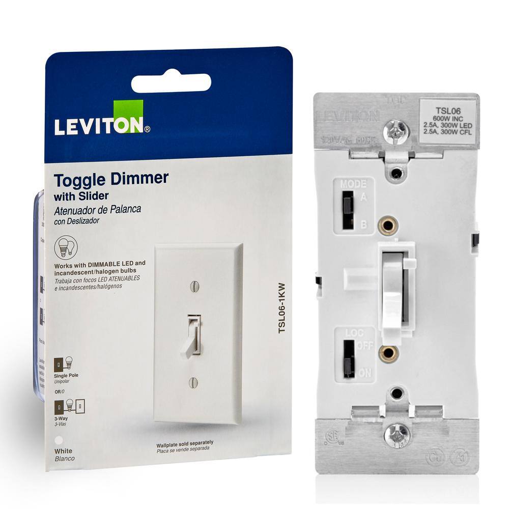 Leviton 300-Watt Dimmable LEDCFL 600-Watt Incandescent and Halogen Toggle Slide Universal Dimmer White R12-TSL06-1KW