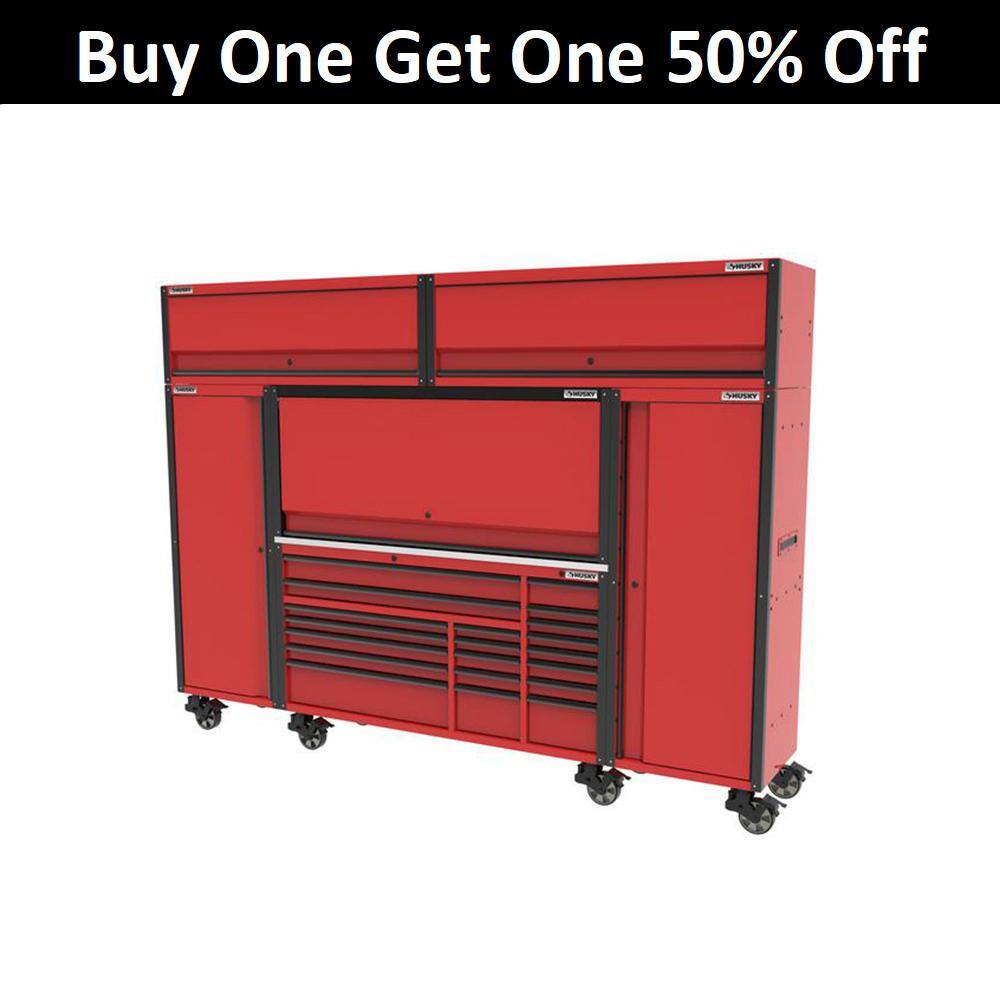 Husky 72 in. W x 24.5 in. D Professional Duty 20-Drawer Mobile Workbench Combo w 2 Side Lockers 2 Top Lockers and Top Hutch HPROSUITE5RED