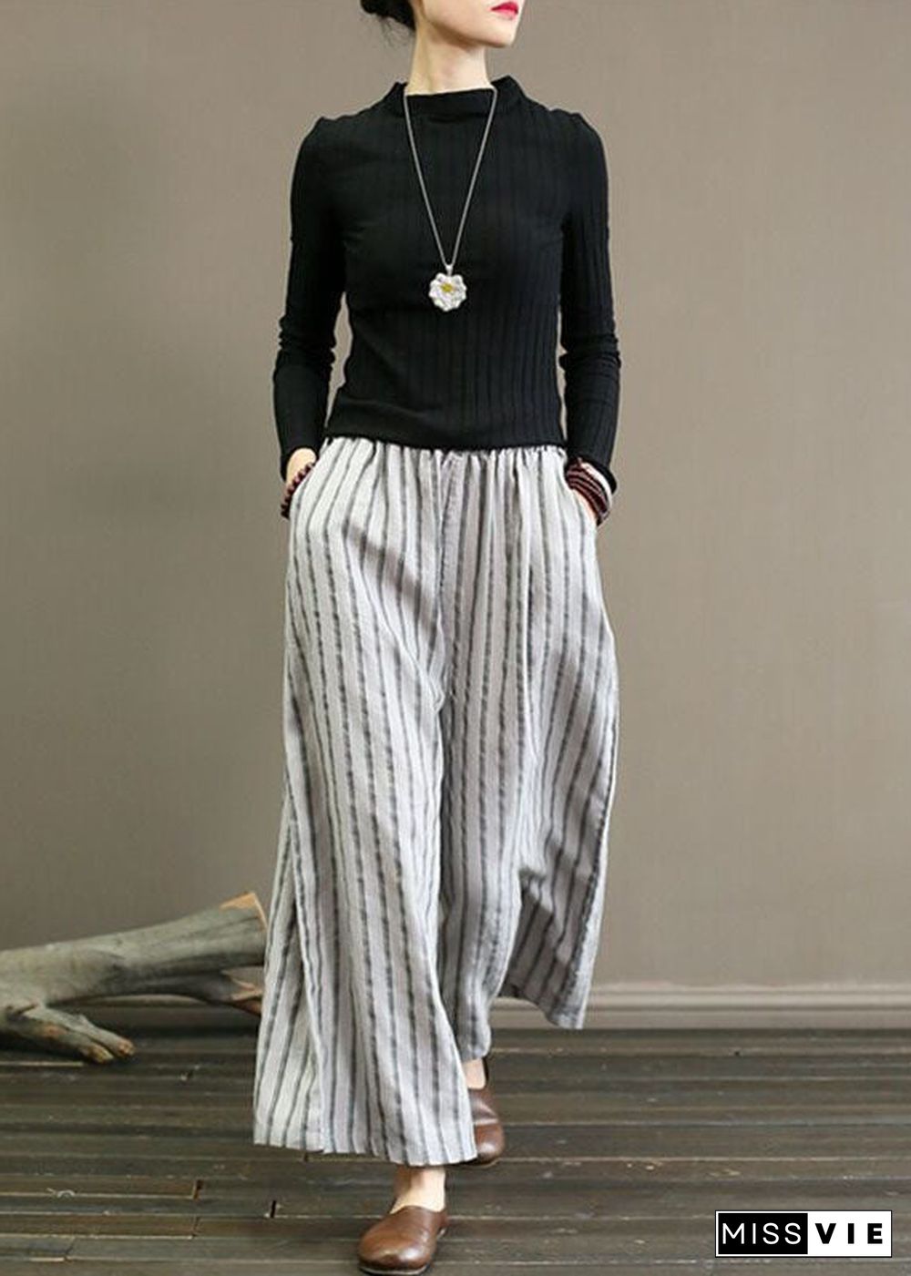 French Grey Pockets Striped Linen Straight Pants Summer