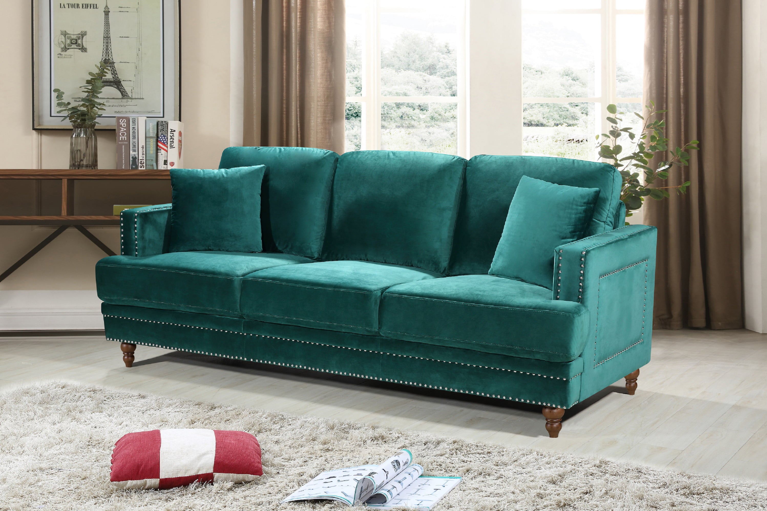 US Pride Furniture Emanuel Velvet Nailhead Sofa, Green