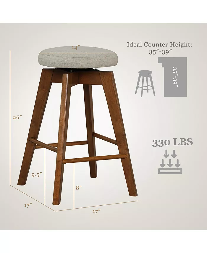 Costway Set of 2 Swivel Bar Stools Upholstered Counter Height Chairs with Rubber Wood Legs