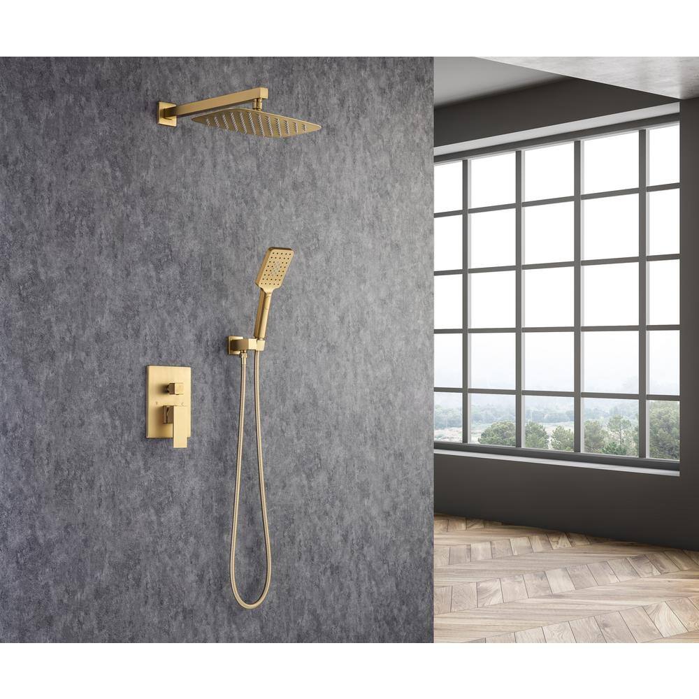 Mondawe Mondawell Square 3-Spray Patterns 12 in. x 8 in. Wall Mount Rain Dual Shower Heads with Handheld  Valve in Brushed Gold MA-D97202LSJ