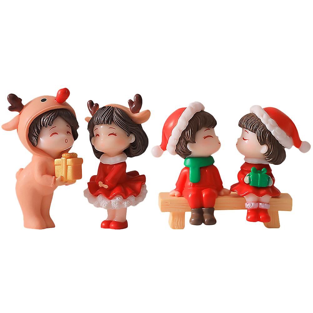 2 Pairs Miniature Xmas Couple Figurines Cartoon Couple Figure Romantic Statues