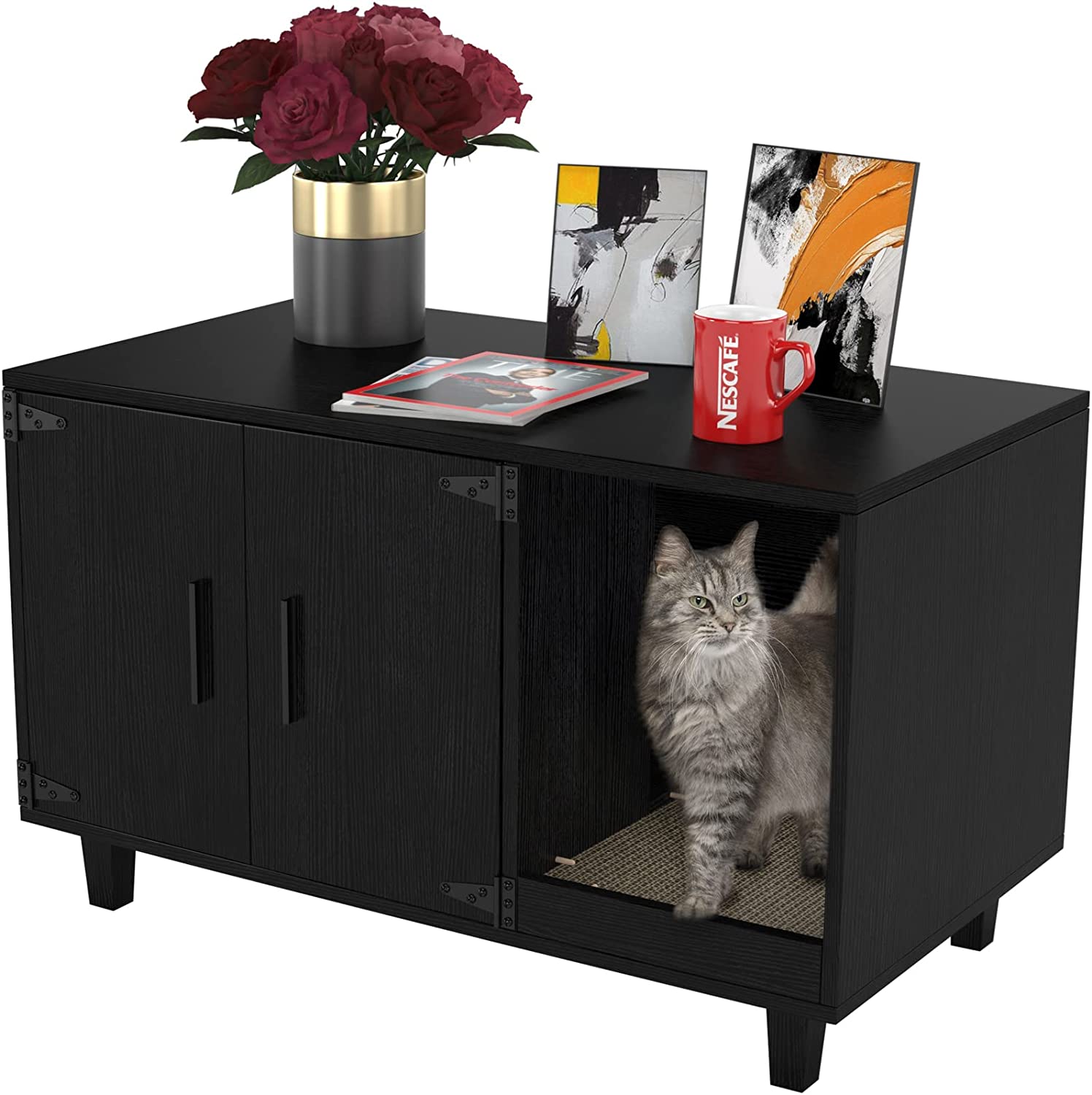 Modern Wood Pet Crate Cat Washroom Hidden Litter Box Enclosure Furniture House as Table Nightstand with Scratch Pad，Stackable (Black)