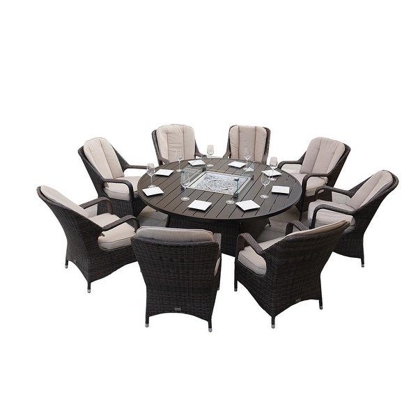 9piece Outdoor Wicker Gas Fire Pit Round Table Set with Arm Chairs