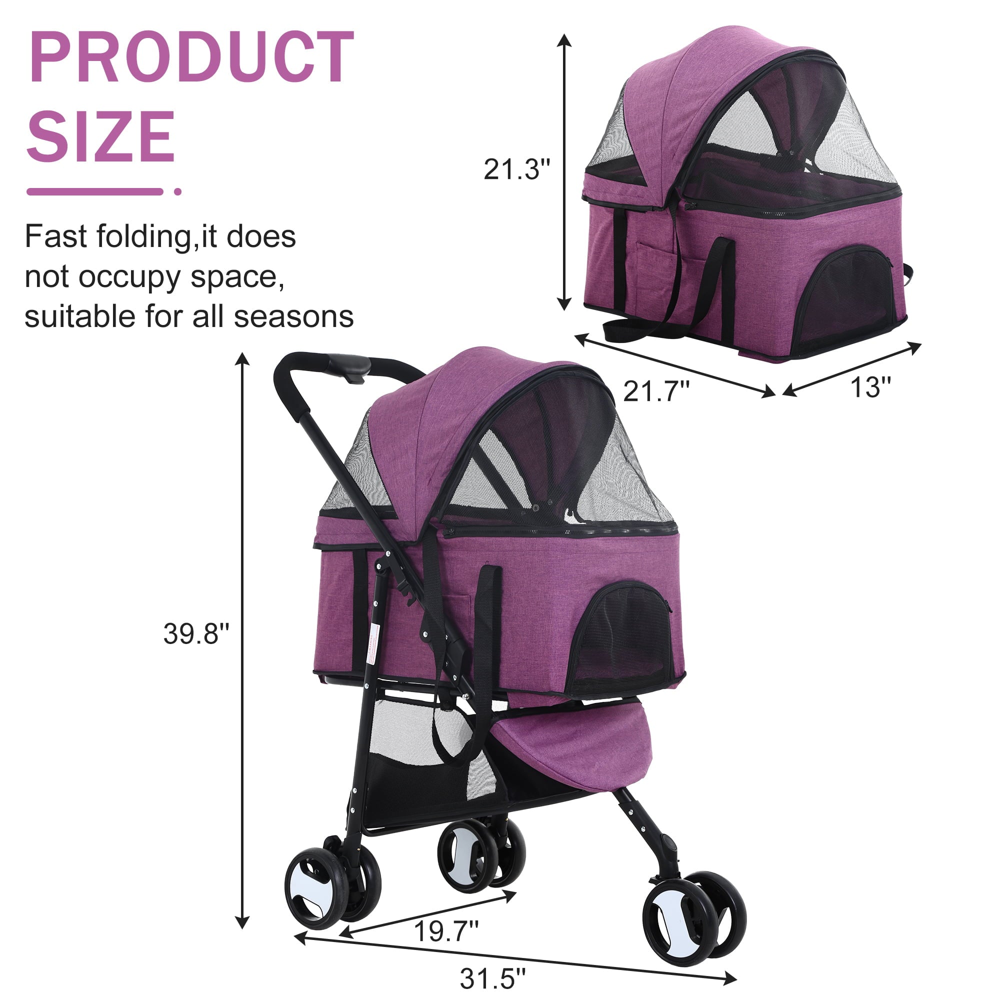 3 Wheels Dog Stroller Foldable Pet Stroller Cat Stroller with Storage Basket， 3-in-1 Lightweight Puppy Stroller for Travel (Purple)