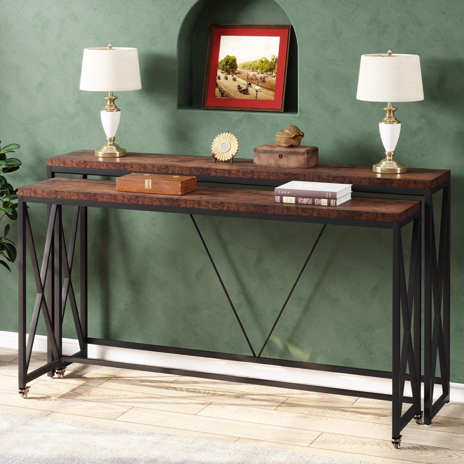 Sofa Table Set of 2， Narrow Long Sofa Console Tables with Wheels for Entryway