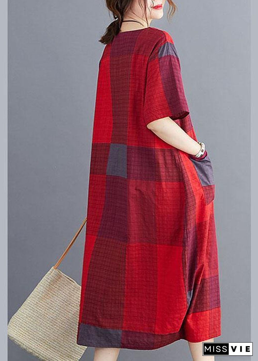 Plus Size Corron Linen Red O Neck Plaid Summer Maxi Dresses