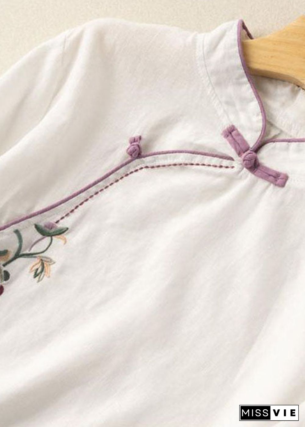 Casual White Embroideried Button Blouse Tops Half Sleeve