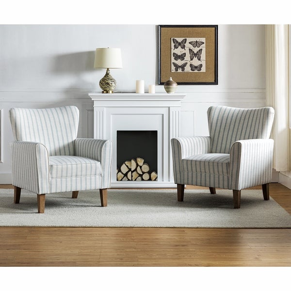 Warren Farmhouse Striped Wingback Chair with Solid Wood Legs Set of 2 by HULALA HOME