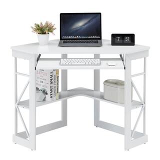 VECELO Corner Desk 29.5 in. W Triangle White Computer Desk Wooden Desk Sturdy Steel Frame Computer Desk with Keyboard Tray KHD-XJM-CD03-WHE