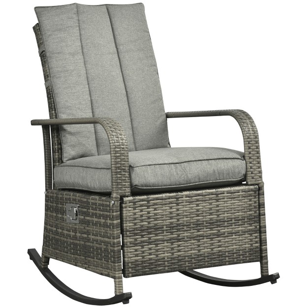 Outsunny Outdoor Rattan Wicker Rocking Chair Patio Recliner With Soft Cushion Adjustable Footrest Max 135 Degree Backrest