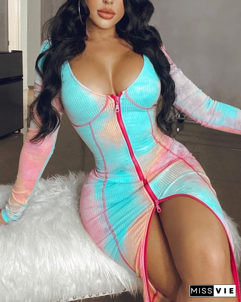 Tie Dye Zipper Front Ribbed Bodycon Dress