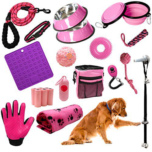 SETONWARE Puppy Starter Kit， Dog Toys， Dog Bed Blankets， Puppy Dog Grooming Tool， Training， Toys， Training Bells Dog Leashes Accessories for Dogs Gift for New Puppies Pink 23 Pieces