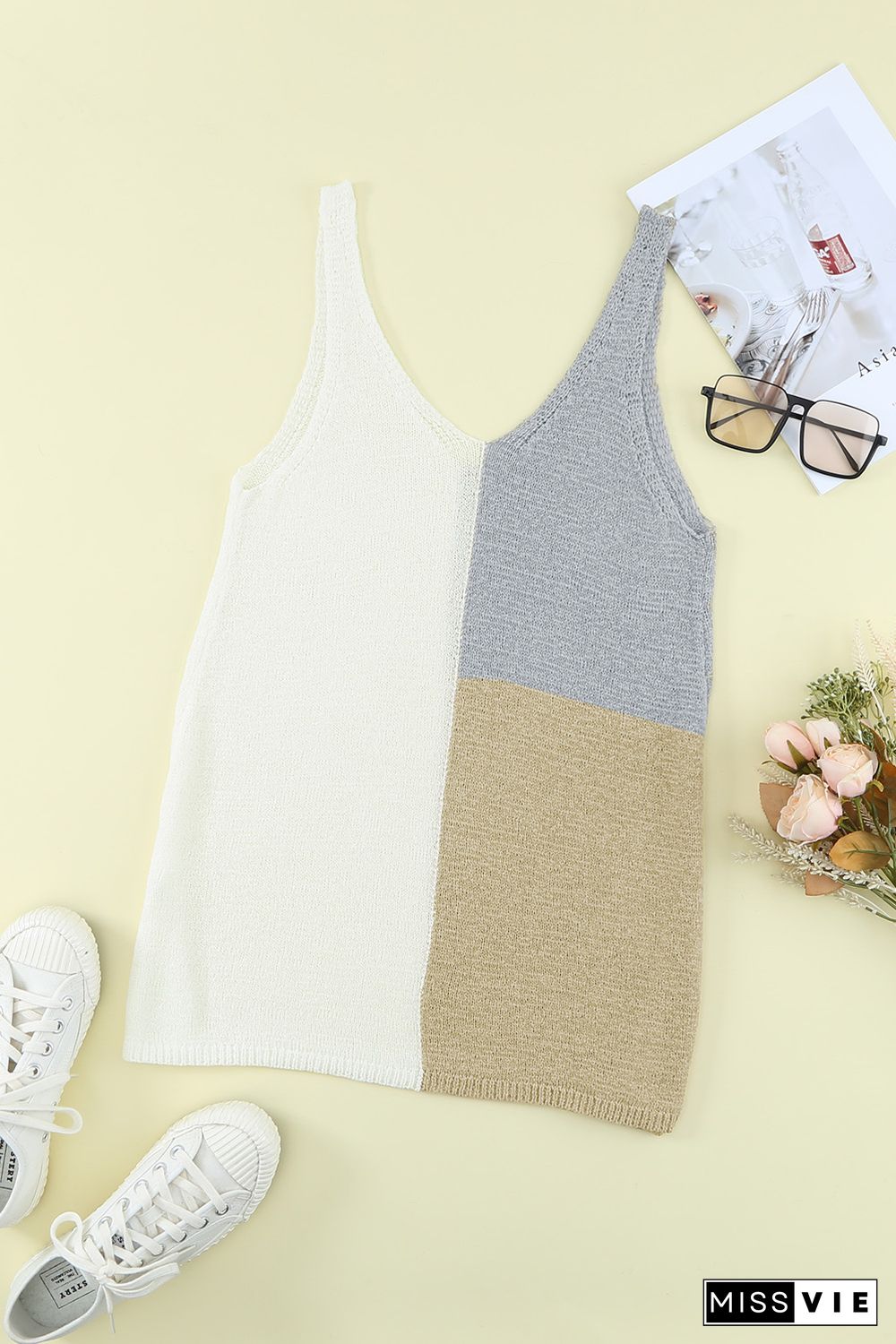 White Color Block Knitted Tank Top