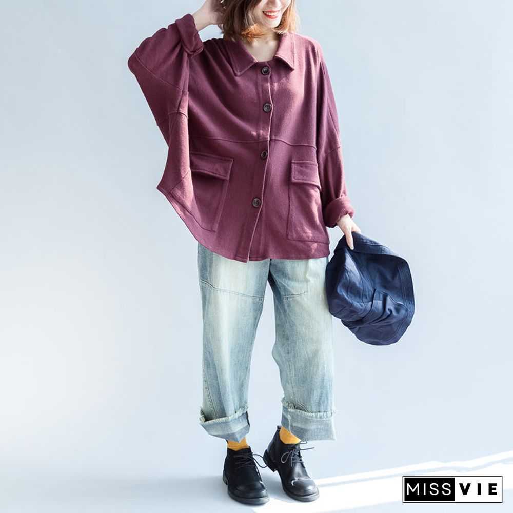 autumn warm burgundy vintage cotton short coats plus size batwing sleeve jackets