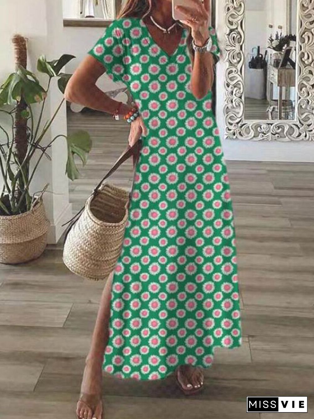 Summer Pattern Print Boho Slit Beach Dress New Casual Harajuku Short Sleeve Long Dress Elegant V-Neck Simple A-Line Party Dress