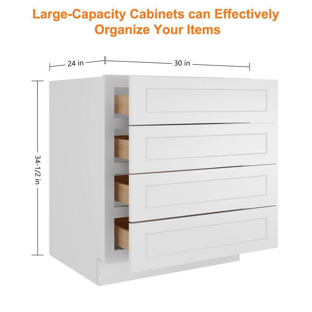 HOMEIBRO 30 in. W x 24 in. D x 34.5 in. H in Shaker White Plywood Ready to Assemble Floor Base Kitchen Cabinet with 4 Drawers HD-SW-4DB30-A