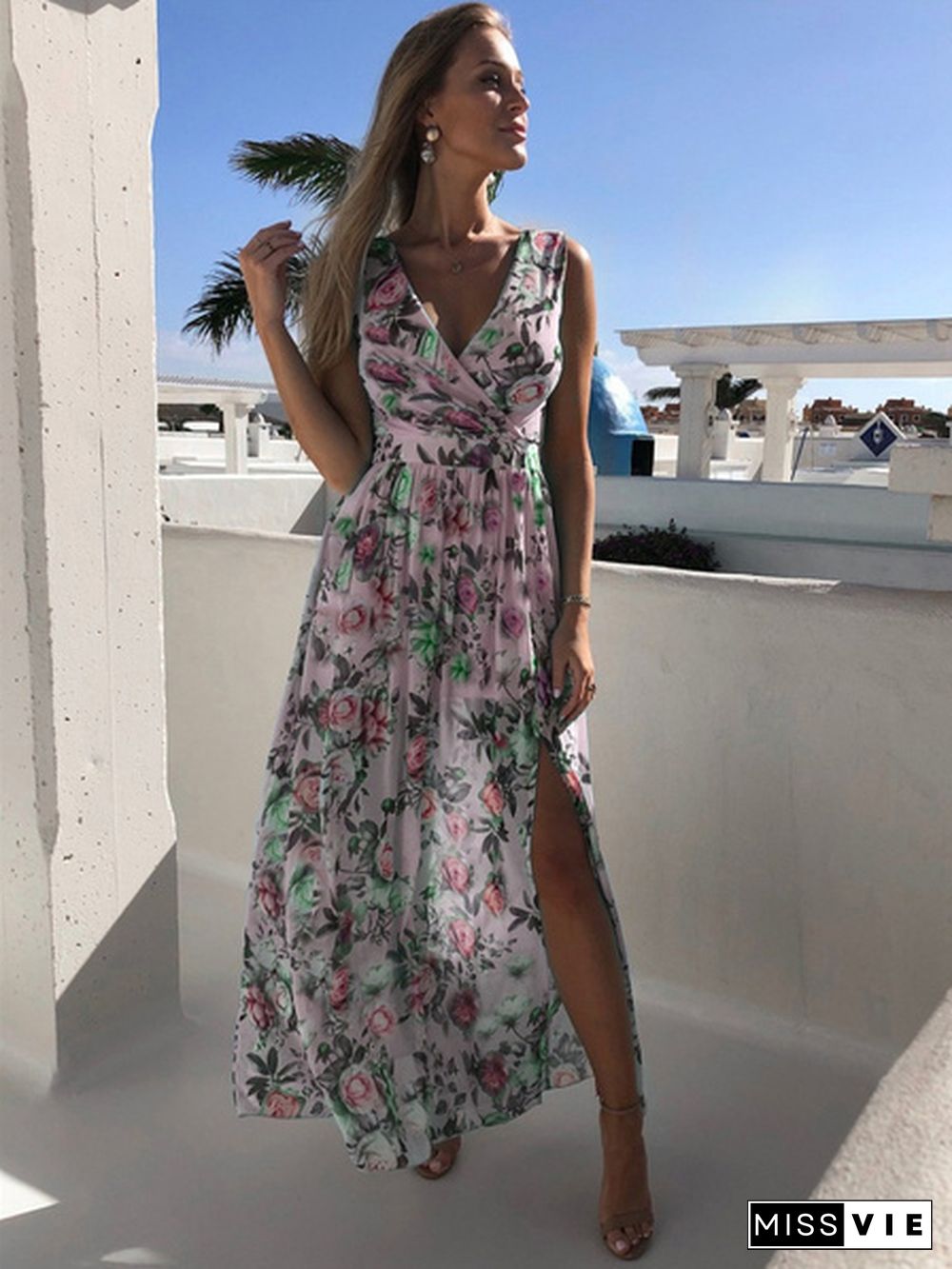 Women Fashion V Neck Sleeveless Floral Long Dress Hem Split Boho Beach Maxi Dresses Plus Size Sundress Vestidos Robes