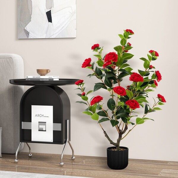 38 Inch Artificial Camellia Tree Faux Flower Plant in Cement Pot