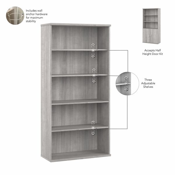 Bush Business Furniture Hybrid Tall 5 Shelf Bookcase with Doors in Platinum Gray