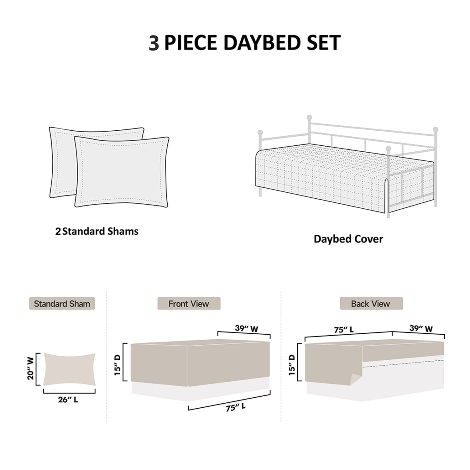 Smuge 3 Piece Daybed Cover Set， Double Sided Quilting Classic Design for All Season， Matching 2 Shams， 39