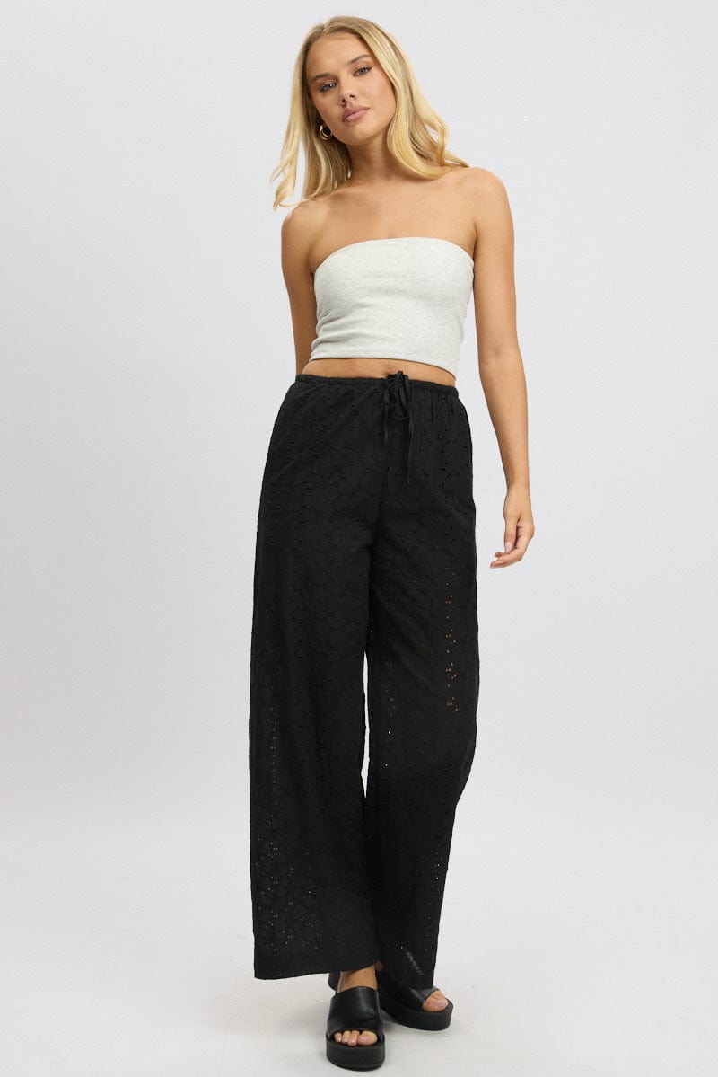 Black Wide Leg Pants High Rise Eyelet Fabric