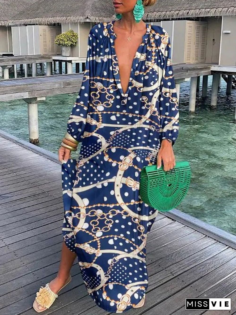 Women'S Dresses Loose V-Neck Long Sleeve Print Dress