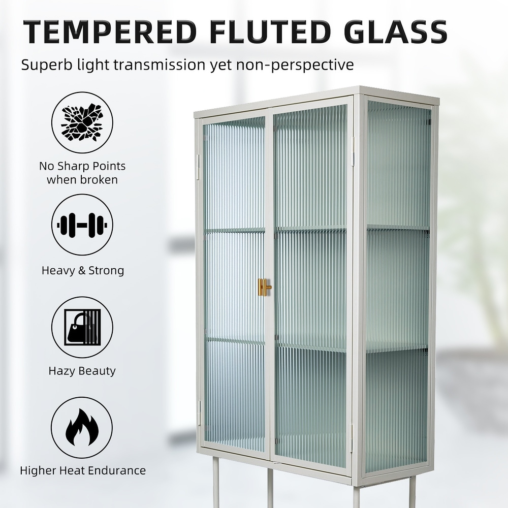 Retro Style Glass High Cabinet with Three Wide Enclosed Shelves