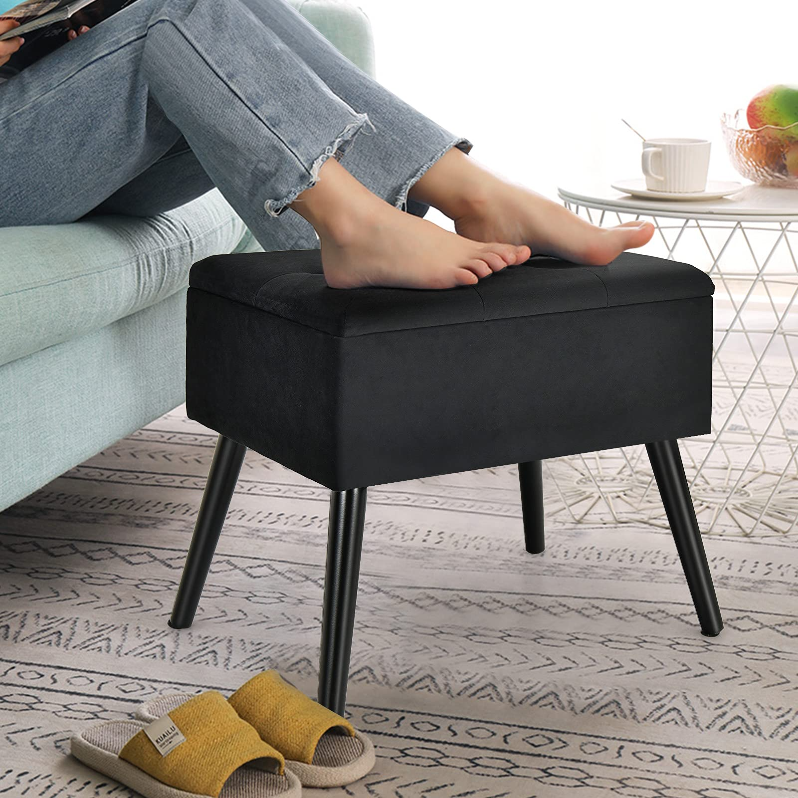 Giantex Tufted Storage Ottoman, Flip Top Storage Stool w/ Solid Wood Legs