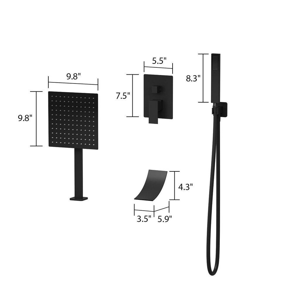 Kingdely 10 in. 3-Spray Wall Bar Shower Kit With Hand Shower and Square Rain Shower Head With Valve in Matte Black KF020289-01-KPL