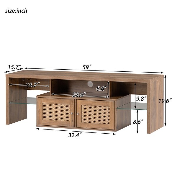 Rustic Rattan LED TV Stand with Adjustable Shelves， for TV ups to 60''