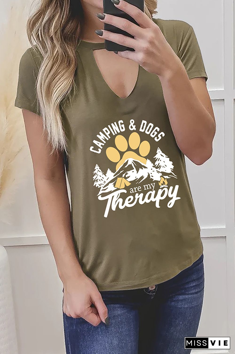 Camping and Dogs are my Therapy Graphic Tees for Women Wholesale Short Sleeve T shirts Top