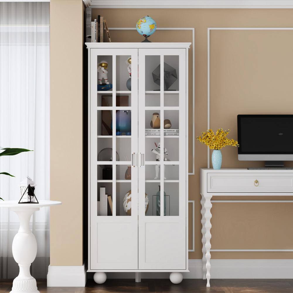 FUFUGAGA 72.3 in. White Wood 5-Shelf Standard Bookcase with Ball-Shape Legs and Adjustable Shelves WFKF180068-02-c