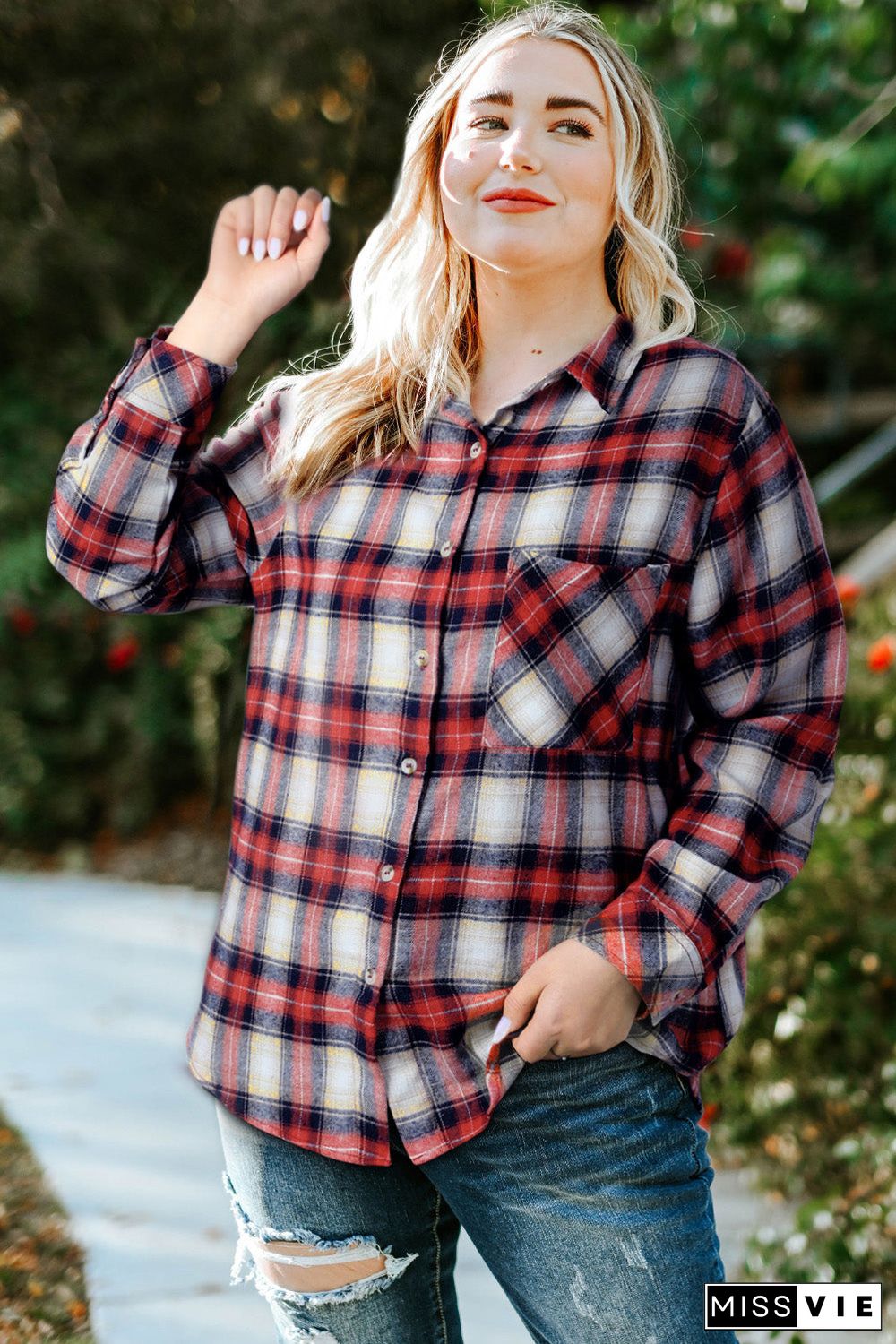 Red Plus Size Plaid Pattern Shirt