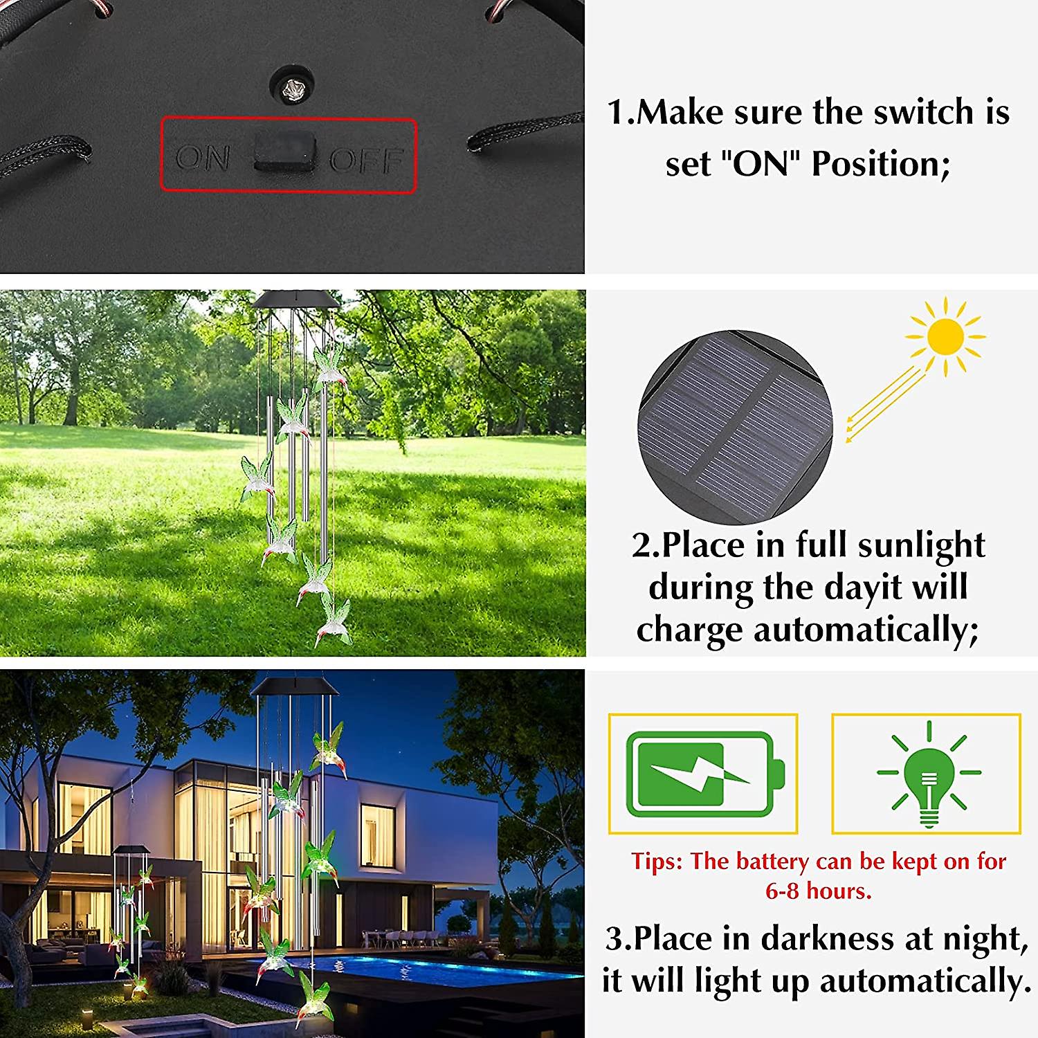 Solar Wind Chime Night Light， Outdoor Color Changing Led Hummingbird Wind Chimes Of Aluminum Tubes， For Wife Mom Grandma Valentine's Day Gift， For Gar