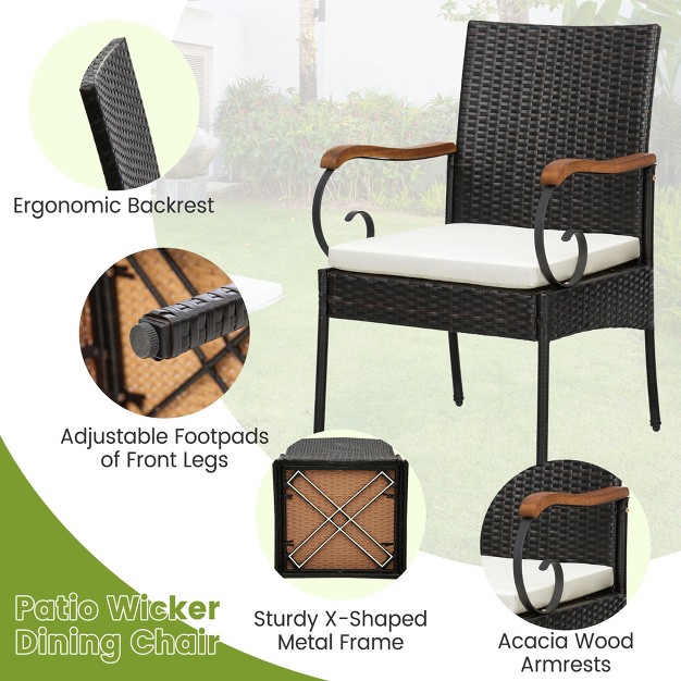 Costway 5pcs Patio Wicker Dining Set Armchairs Acacia Wood Table With Detachable Cushions amp Umbrella Hole