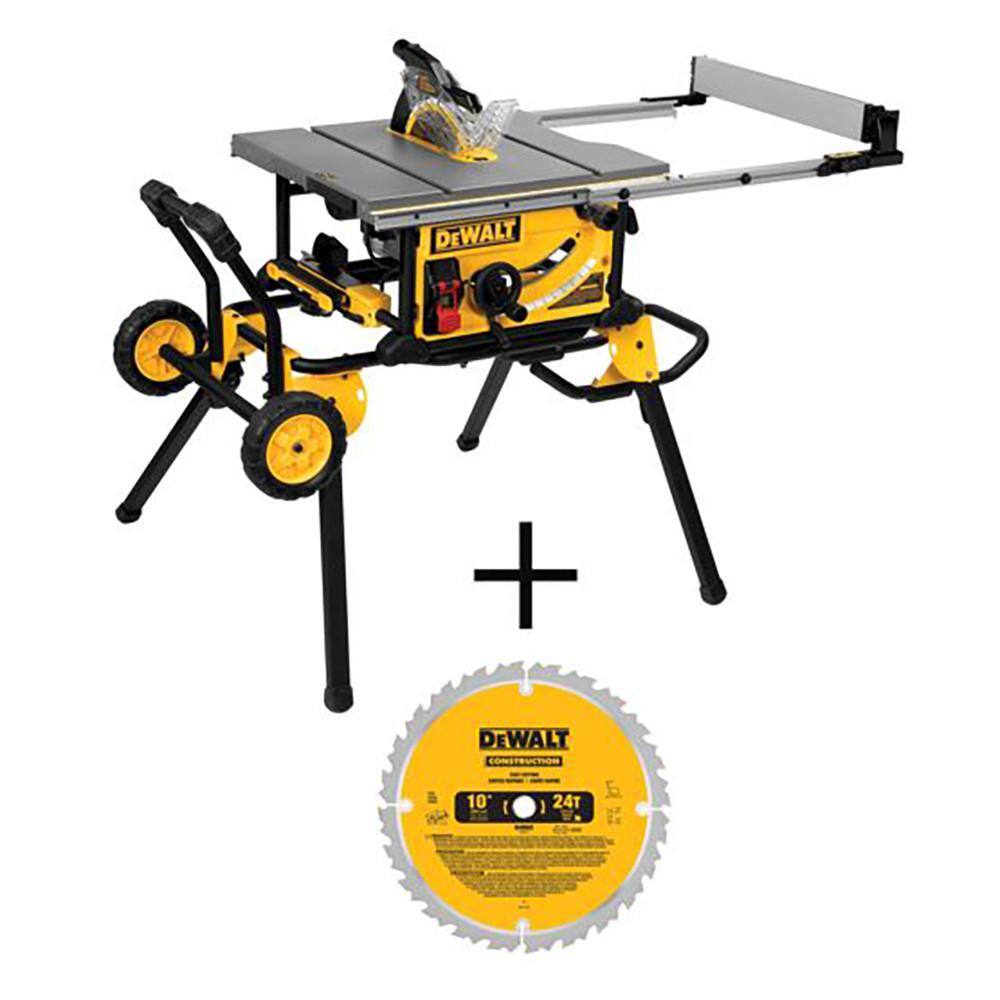 DW 15 Amp Corded 10 in. Job Site Table Saw with Rolling Stand and Construction 10 in. 24-Teeth Thin Kerf Table Saw Blade DWE7491RSW3112