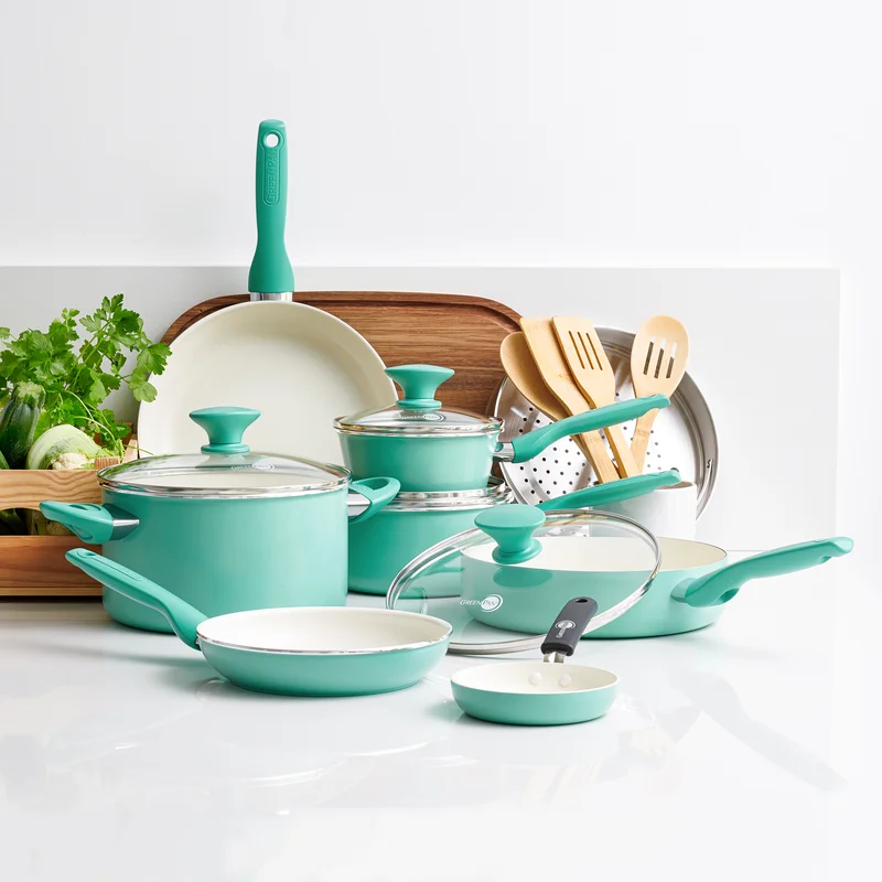 GreenPan CC002482-001 Rio Healthy Ceramic Nonstick 16 Piece Cookware Pots and Pans Set in Turquoise