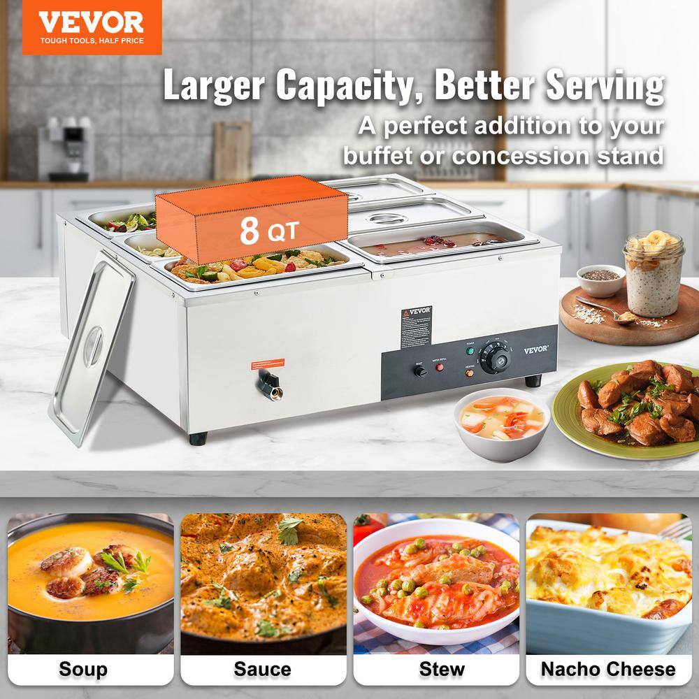 VEVOR 6-Pan Commercial Food Warmer 6 qt. x 8 qt. Electric Steam Table 1200 Watt Countertop Stainless Steel Buffet Bain Marie BWT668QT1200WEPJYV1