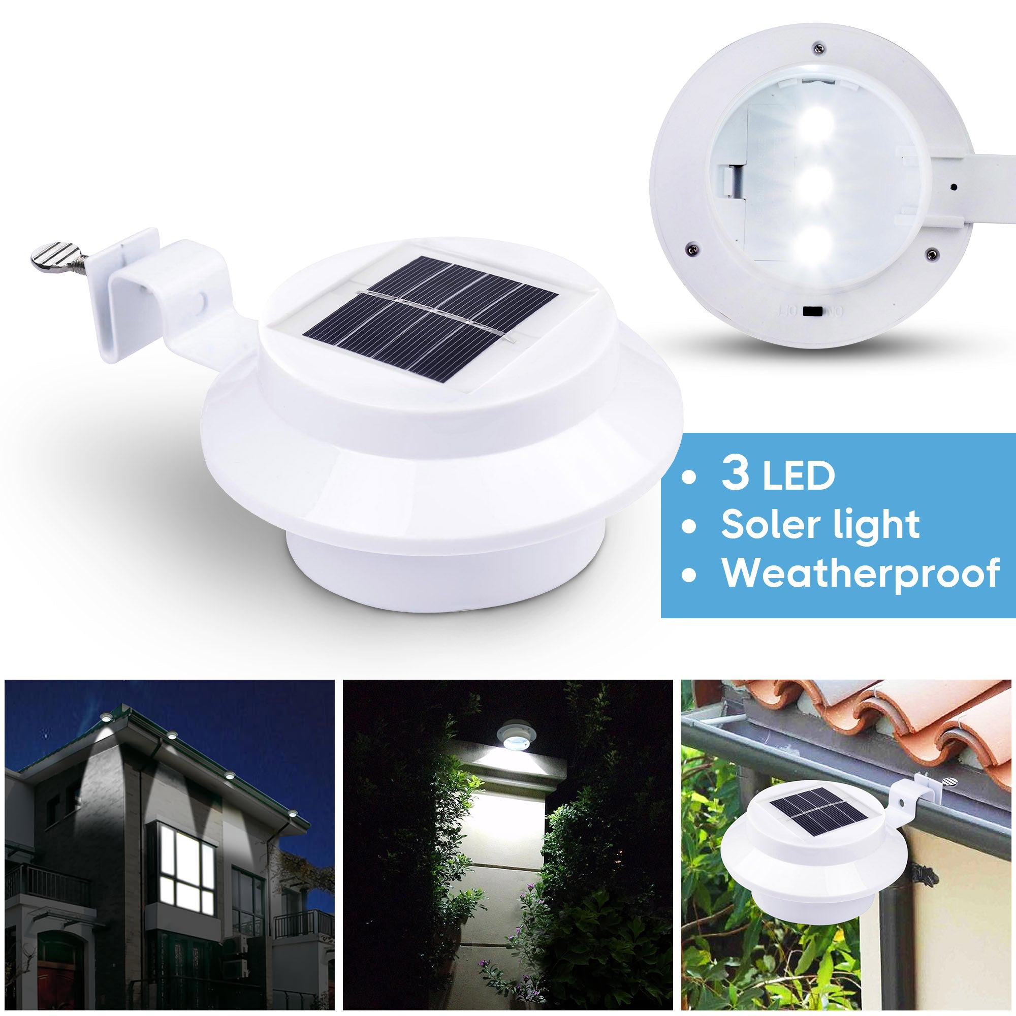 Yescom Solar Gutter Light Outdoor Waterproof 3 LED Deck Fence Lights with Bracket Wall Garden Stair Yard White 6Pcs