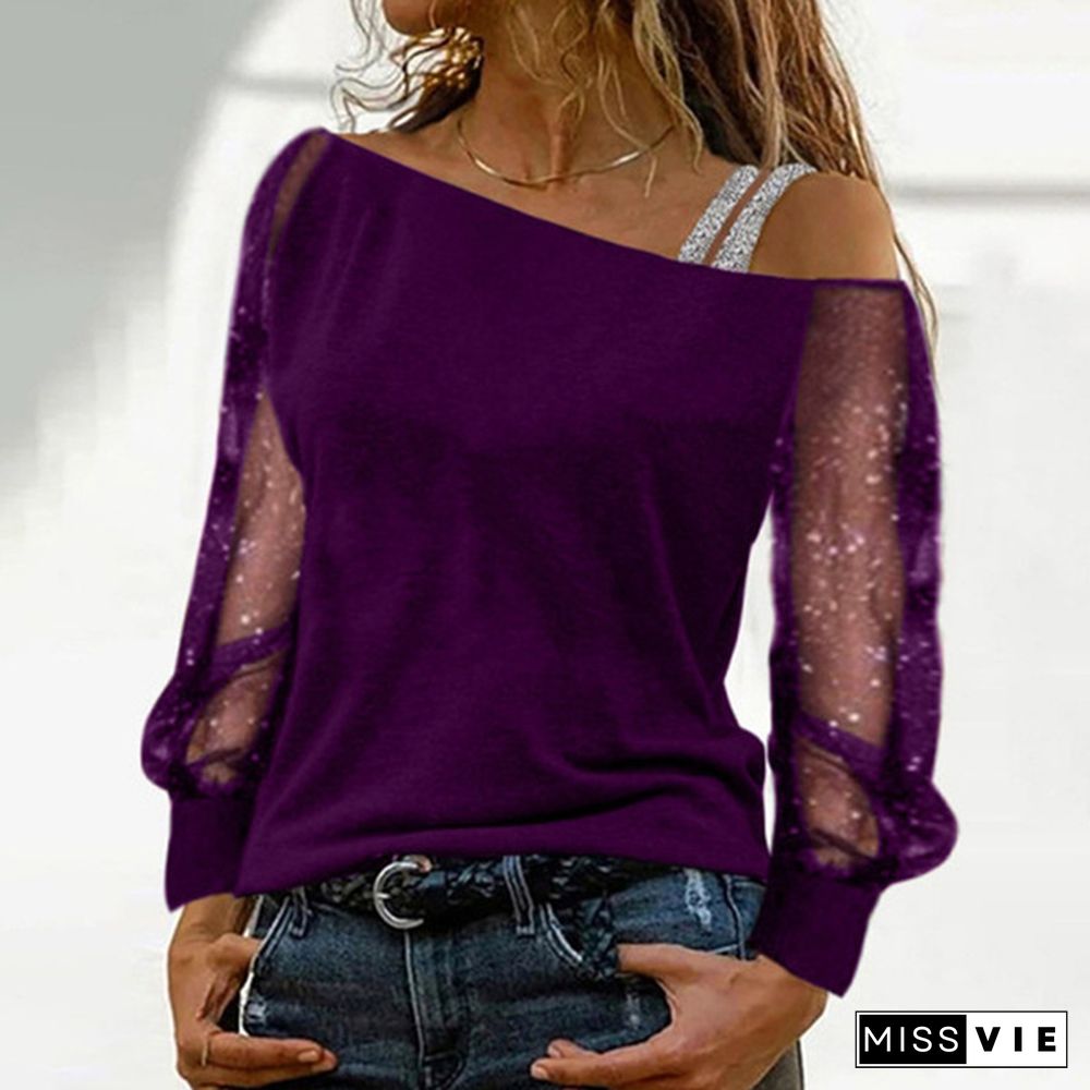 XS-8XL Women's Fashion Clothes Casual Diagonal Collar Long Sleeve Tops Ladies Sexy Off Shoulder Loose T-shirts Plus Size Net Yarn Pullover Blouses