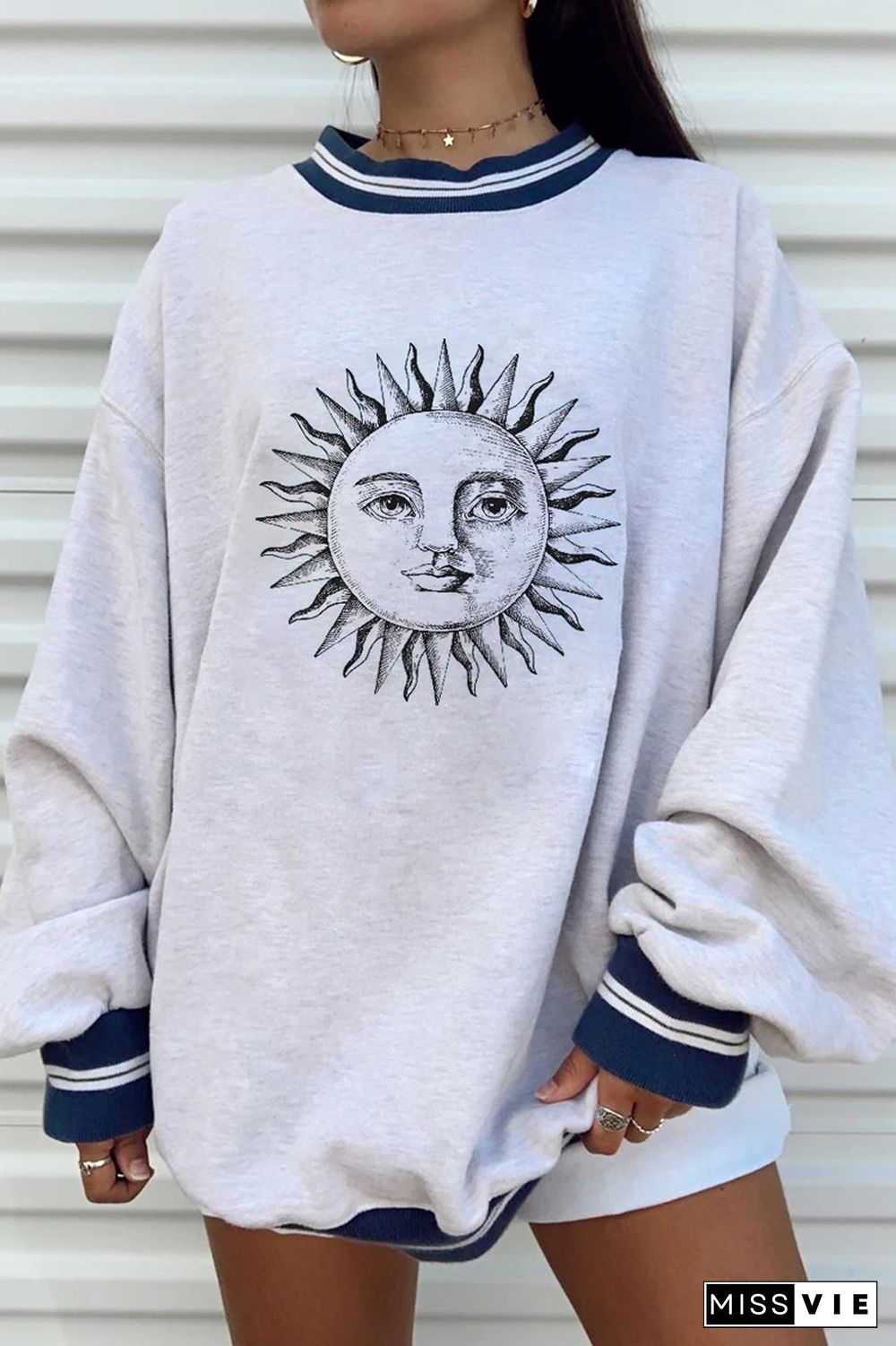 Moon Sun Print Round Neck Sweatshirt