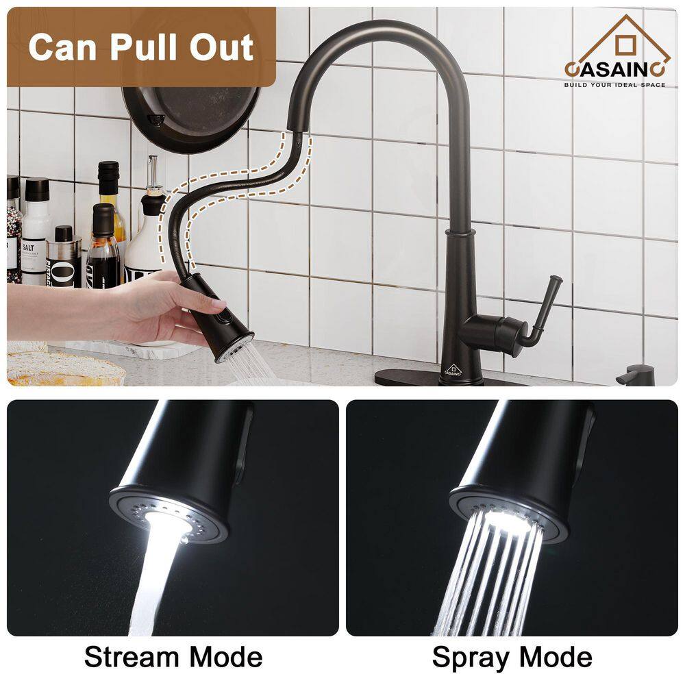 CASAINC Single-Handle Pull Down Sprayer Kitchen Faucet with Touchless Sensor LED Soap Dispenser and Deckplate in Matte Black CA-W3085-MB